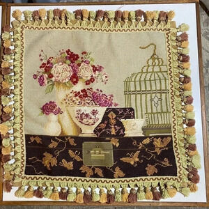 HKH International Wool Needlepoint Cage Floral Pillow Cover 20 In. Sq. READ